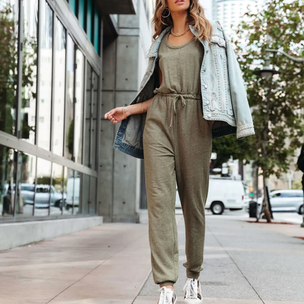 Double Zero casual olive green sweat-jumpsuit
